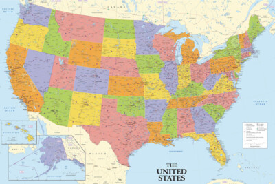 18''x29'' United States Map US USA Poster Wall Chart Decor Home Office Mural