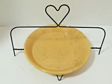 Antique Yellow Ware Pie Plate 9 1/4" Diameter in Wire Stand with Heart Handle
