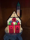 Vintage Tiffany-Style Real Stain Glass Church House Lamp In Excellent Condition