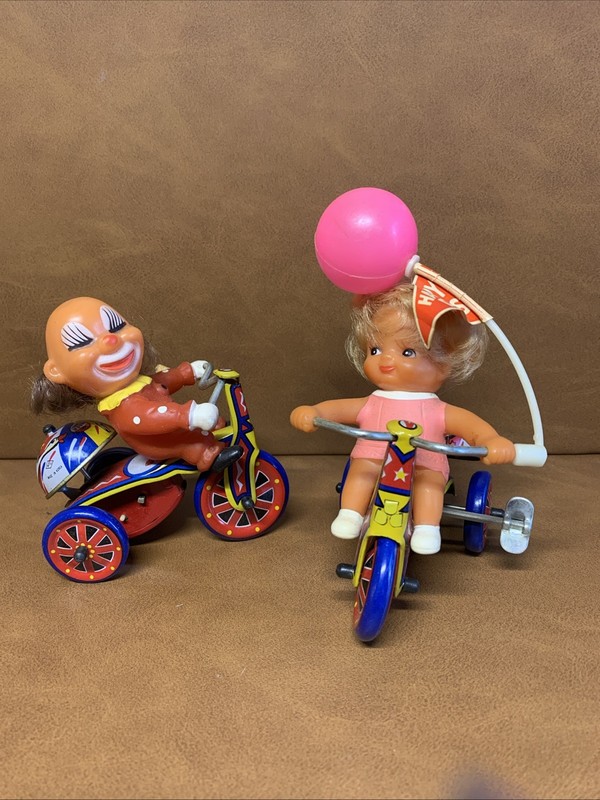 Wind-Up Tin Mechanical Clown and Girl On Trike Bicycle Vintage Toys, working