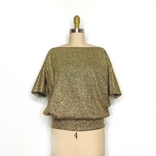 Vintage 70s Top Metallic Gold Small/Medium Dolman Sleeve Blouse Disco Party