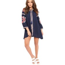 Rebellion Womens Navy Red Embroidered Mini Shirt Dress Boho Smocked Long Slv M