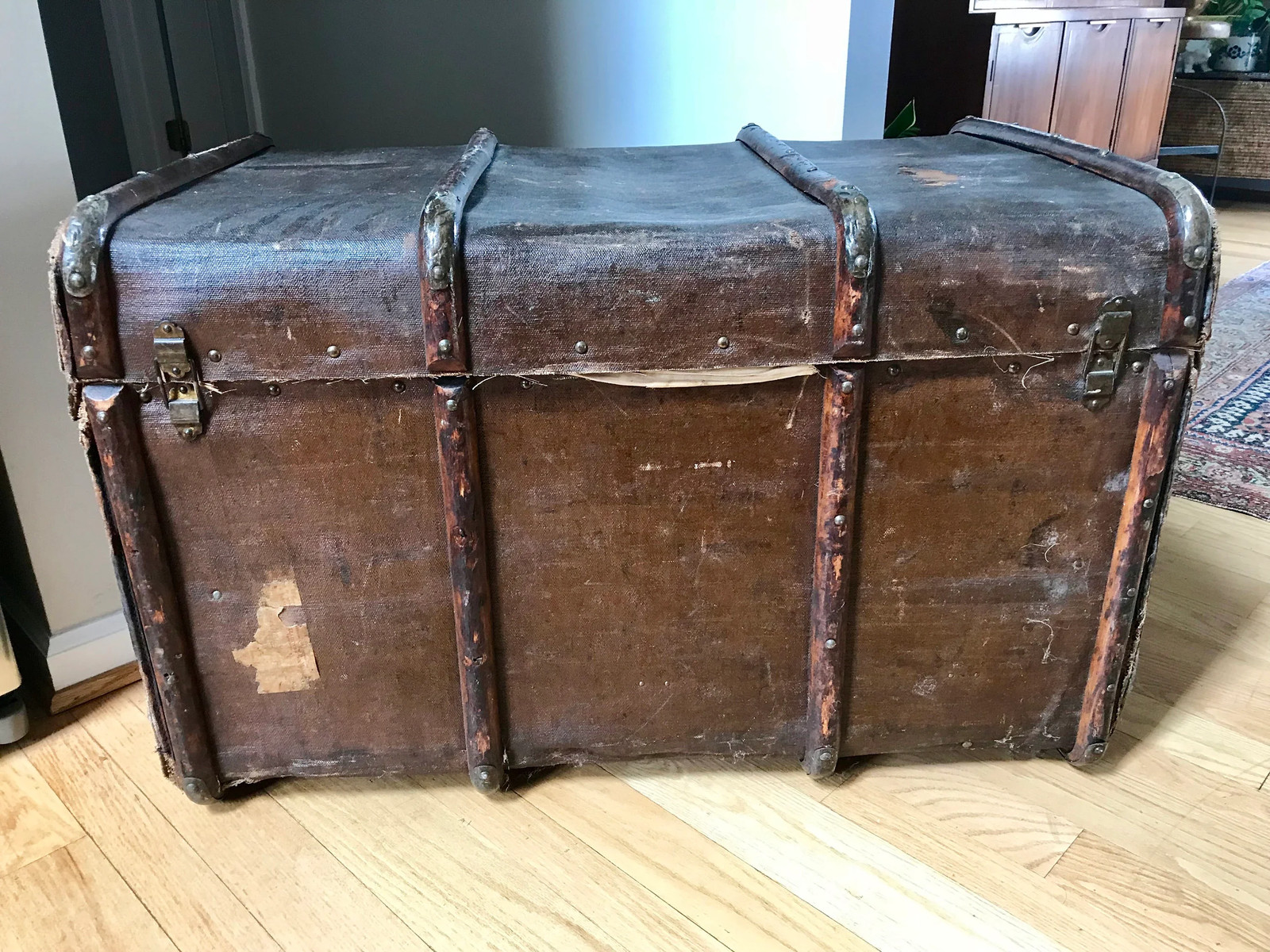 Antique Curved Chest | Canvas Steamer Trunk | Treasure Chest | Rustic Storage