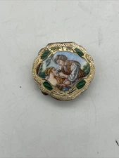 Antique 800 Silver Enamel Italian Compact Powder Box Courting Scene Malachite