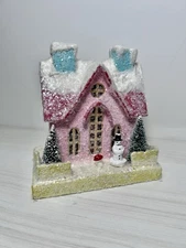 Petite PINK SNOWMAN MUSHROOM Glitter Putz House Christmas Village Decor 6”