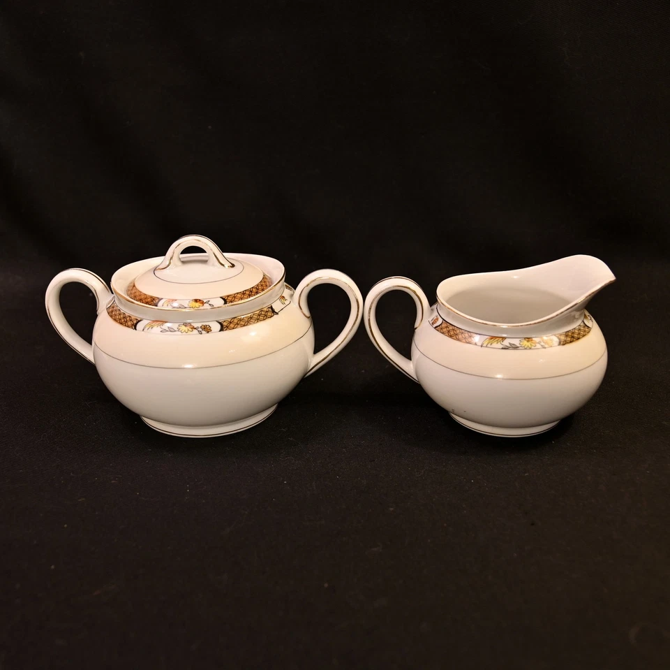 Noritake Creamer & Sugar w/Lid Geometric Band Florals w/Gold 1918 Hand Painted - image 4 of 4