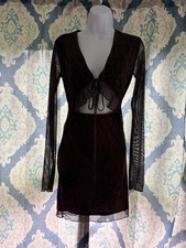 New PrettyLittleThing Brown Sheer Mesh Front Tie Mini Dress 4 nwt