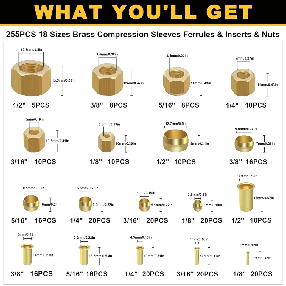 255PCS Brass Compression Ferrules Inserts Nuts for Tube OD 1/2" to 1/8" - Image 2 of 4