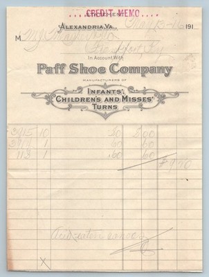 BILLHEAD Paff Shoe Company Alexandria VA 5/13 1916 Infants Childrens and Misses