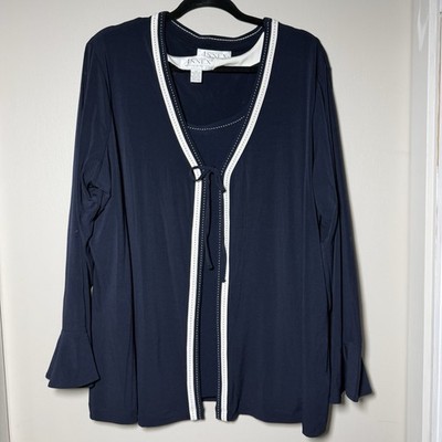 Casual Corner Annex Women's Plus Sz 2X-3X Twin Set Cardigan Shell Navy Blue Tie