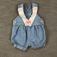 Vintage OshKosh B Gosh Vestbak Denim Bubble Overalls Floral Trim Baby 18M Made U