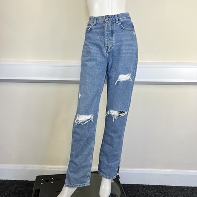 Primark Ladies Blue Denim Mom Fit Ripped Slit Wide Leg Jeans