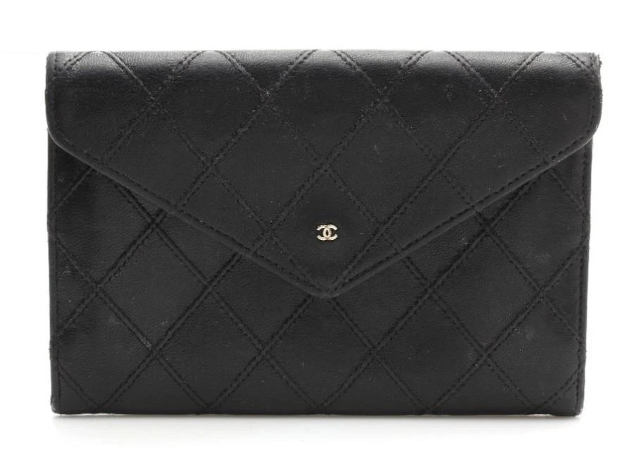 Beautiful Designer CHANEL Black Quilted Leather Flap Envelope Wallet FRANCE