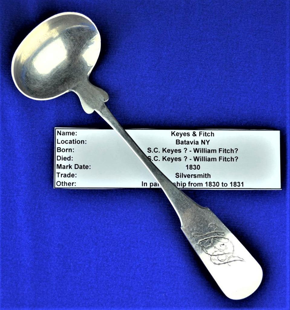 RARE ANTIQUE KEYES & FITCH COIN SILVER CREAM LADLE BATAVIA NY 1830