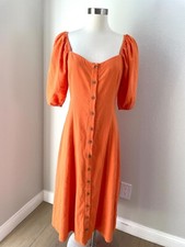 NEW $79 Urban Outfitters Womens Medium Orange Puff Sleeve Button Up Midi Dress
