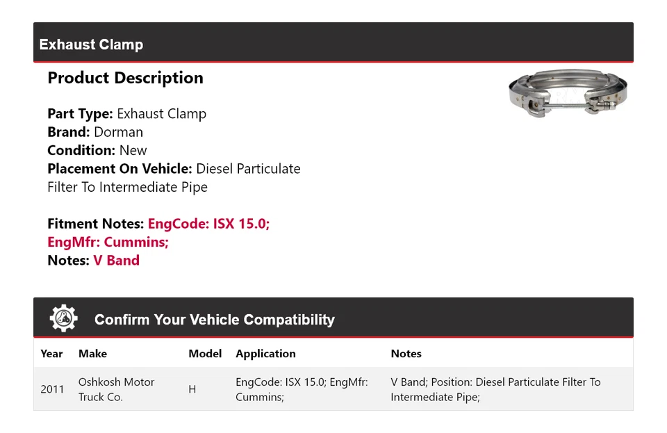 For 2011 Oshkosh Motor Truck Co. H Dorman Exhaust Clamp - Image 2 of 4
