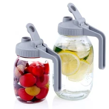 2 Pack Regular Mouth Mason Jar Pitcher Lids with Pour Spout Flip Cap and Handle