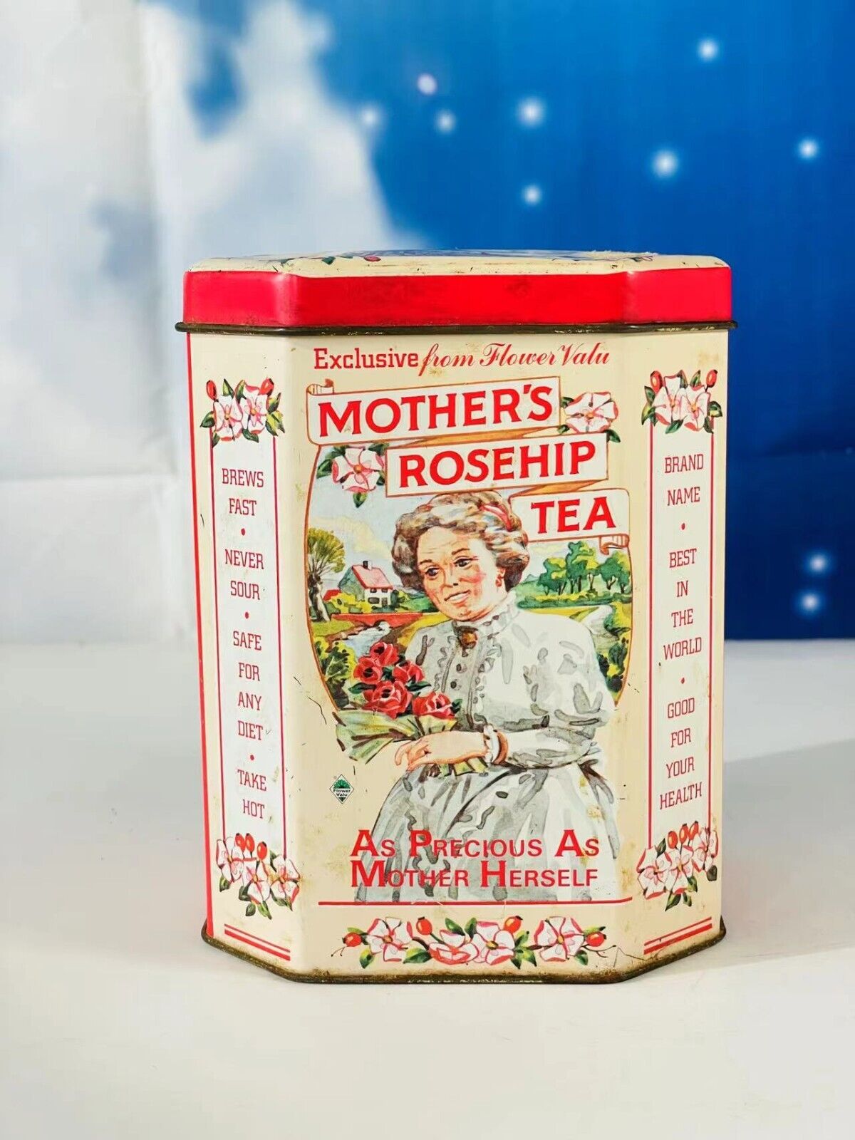 Designed By Flower Valu Smile Shop Made In England Vintage Rosehip Tea Tin 5.5"