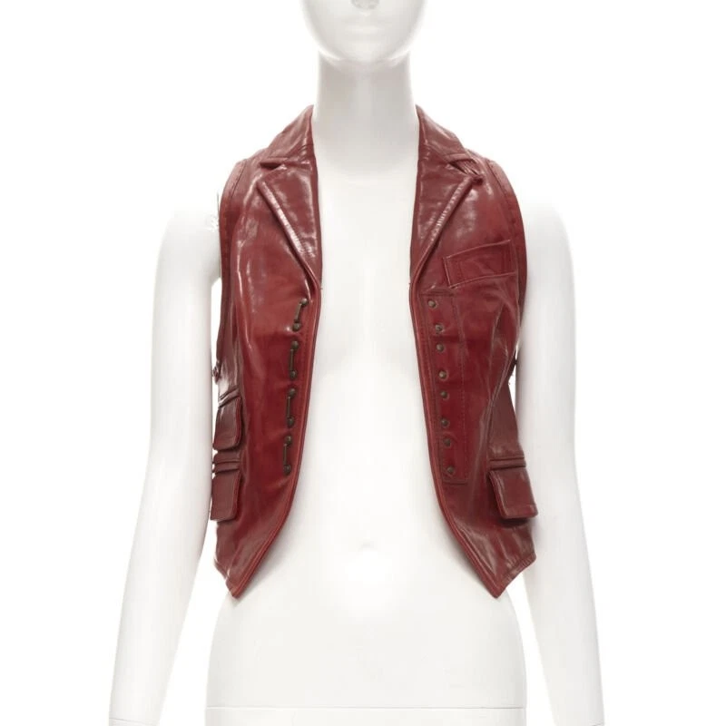 DSQUARED2 Y2K distressed red leather hook bar cropped vest S - Image 3 of 4