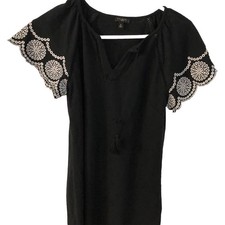 Talbots Black Dress Petite S White Embroidery Short Sleeve V-Neck Ties Crochet