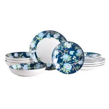 Nightingale 12-Piece Porcelain Dinnerware Set, Blue, Round, Service for 4, Micro