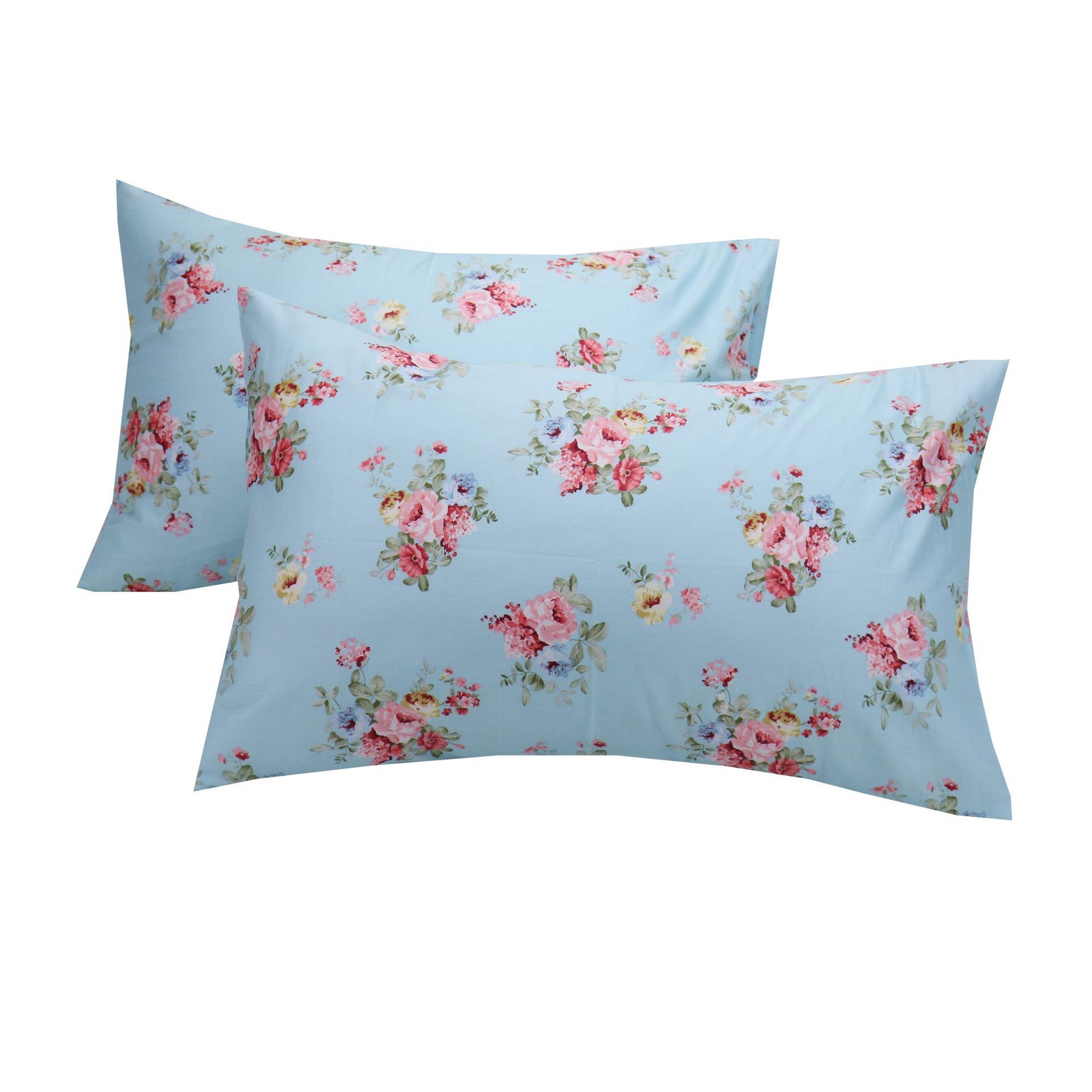 2 Pack Queen Floral Bed Pillow Pillowcases, 100% Cotton Blue Soft Standard Si...