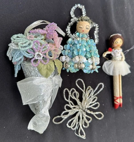 Vintage French Seed Bead Flowers Handmade Christmas Flower Ornament Lot -S56