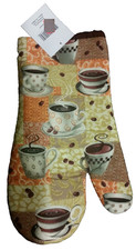 Printed Kitchen 13" Large Oven Mitt, MANY COFFEE CUPS, brown back by AM