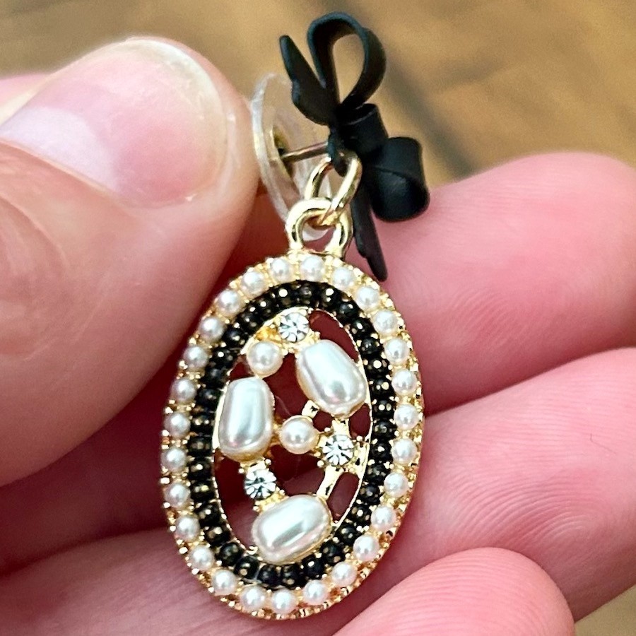 Faux Pearl and Rhinestone with Black Bow Pierced Earrings | eBay