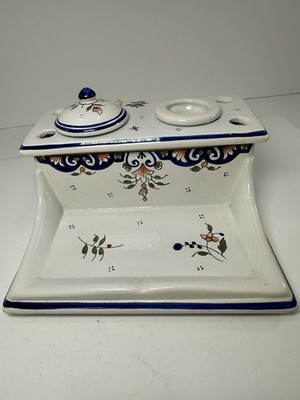 French Faience Hand Painted Stand, Inkwell, & Cover Vintage Floral Motif