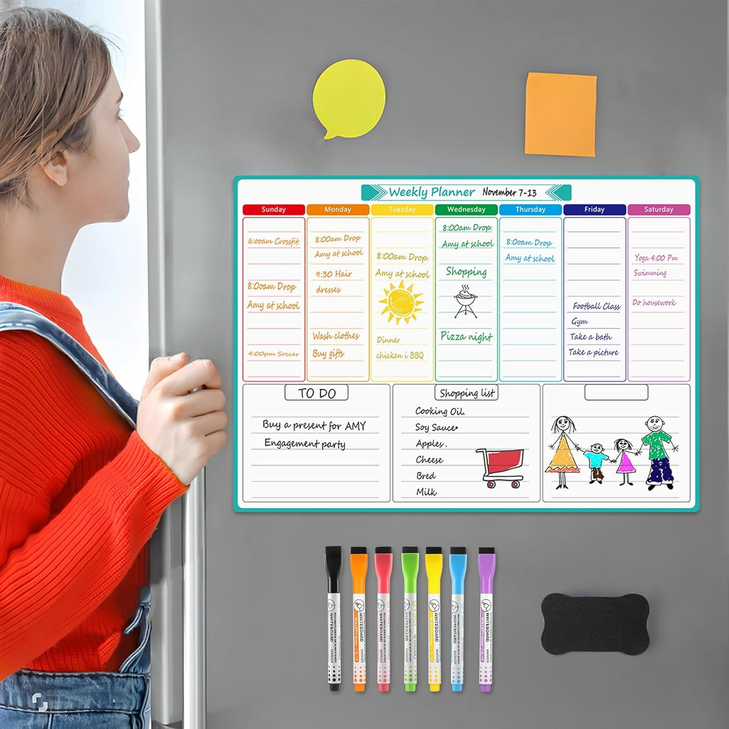 16x12 Magnetic Weekly Dry Erase Calendar Board for Fridge + 7 Markers Eraser
