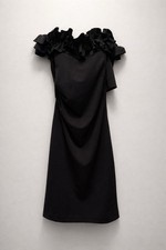 XSCAPE Black Sheath Dress Off the Shoulder Ruffle Knee Length Sleeveless Size 8