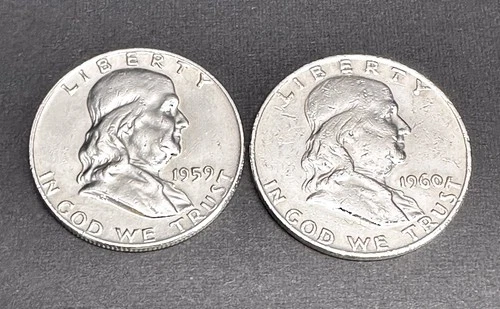Lot of 2 Franklin Half Dollars 1959-D & 1960-D – AU Details – 90% Silver 50C