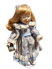 15" Porcelain Collector Doll Girl Glasses Floral Dress W/ Books & Display Stand