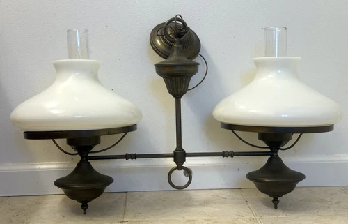 Antique  Double Shaded Milk Glass & Brass Oil Lamp Chandelier Electric Lights