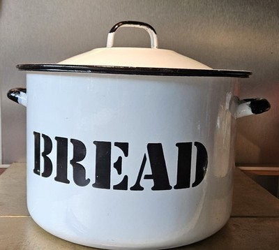 Vintage Emaille Brotkasten Polish Kitchenalia Weiß & Schwarz mit Deckel 10'' Hoch