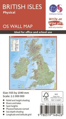 British Isles Physical Wall Map  Laminated Wall Map   by Ordnance Survey