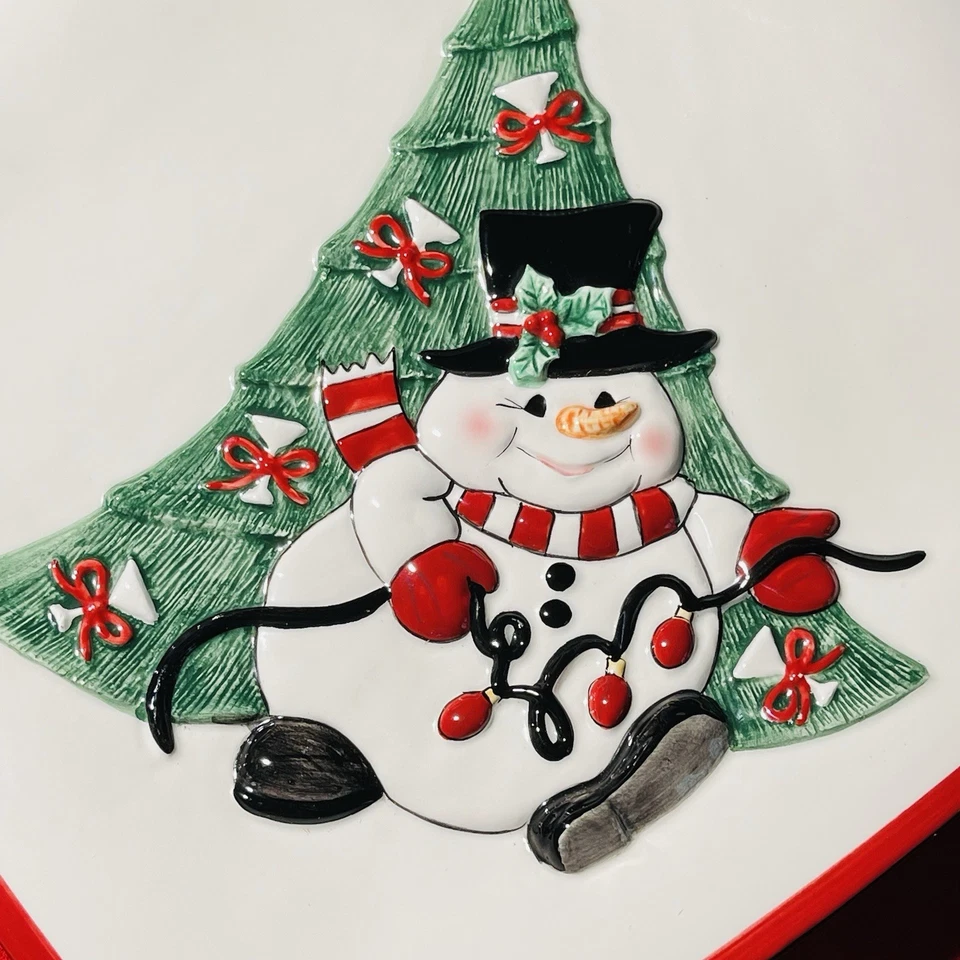 Квадратная тарелка для закусок Fitz and Floyd Classics Cheers Snowman Christmas Tree 8 дюймов - Изображение 2 из 4