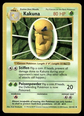 1999 Pokemon Kakuna Uncommon Base Set Shadowless 33/102 Unlimited
