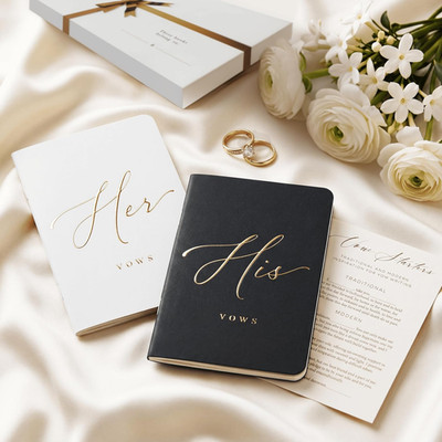 Premium Wedding Vow Book for Her & Him, Soft Touch, Gold Foil, 28 Lined Pages, W