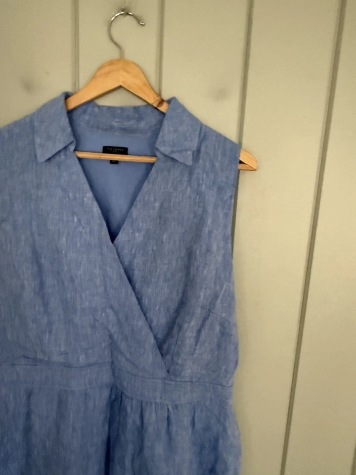 Talbots Shirt Dress 14P Blue Linen Faux Wrap Fit & Flare Pockets Sleeveless - Image 2 of 4
