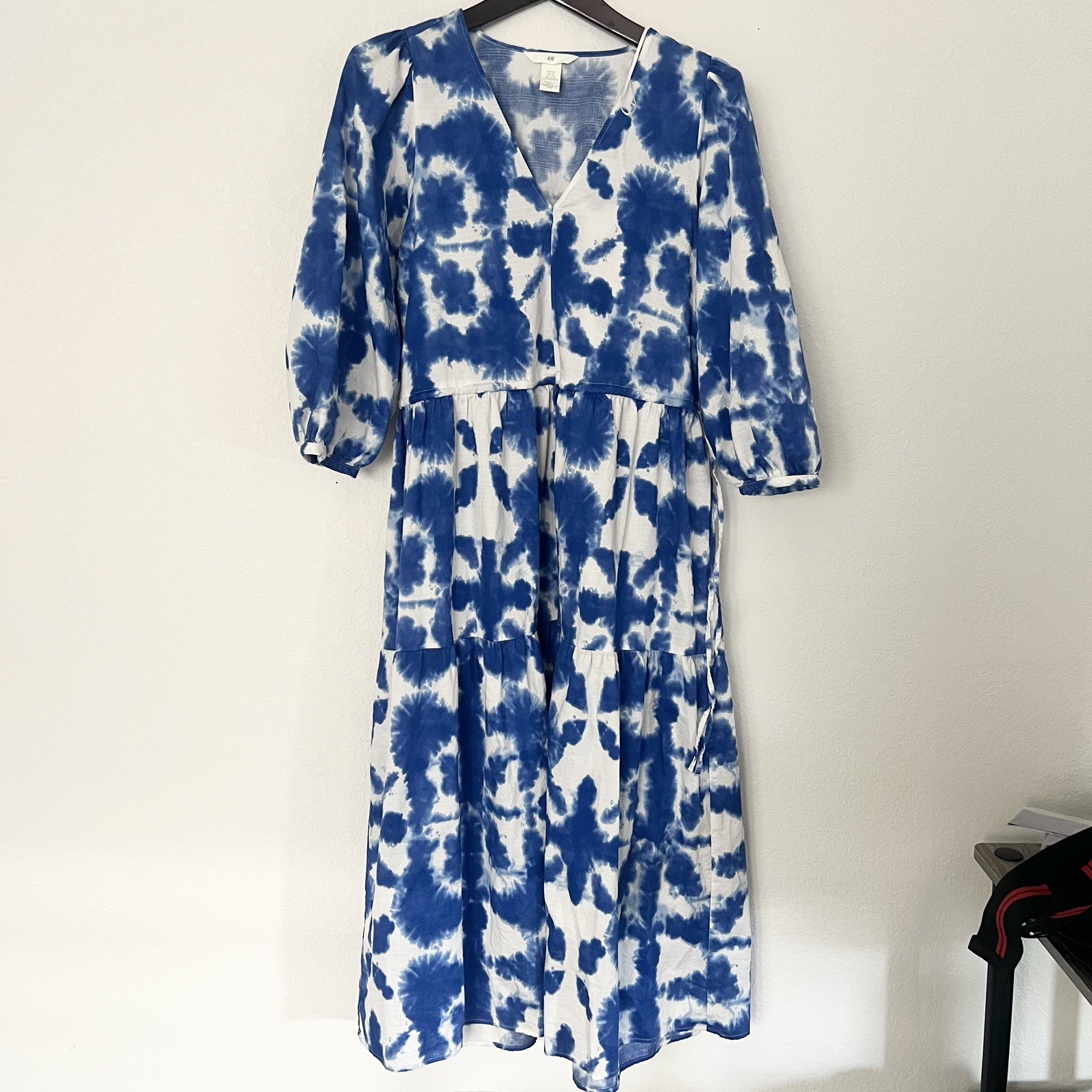 HM Blue And White Cotton Tie Dye Maxi Dress Gauzy Size XS Length 47”
