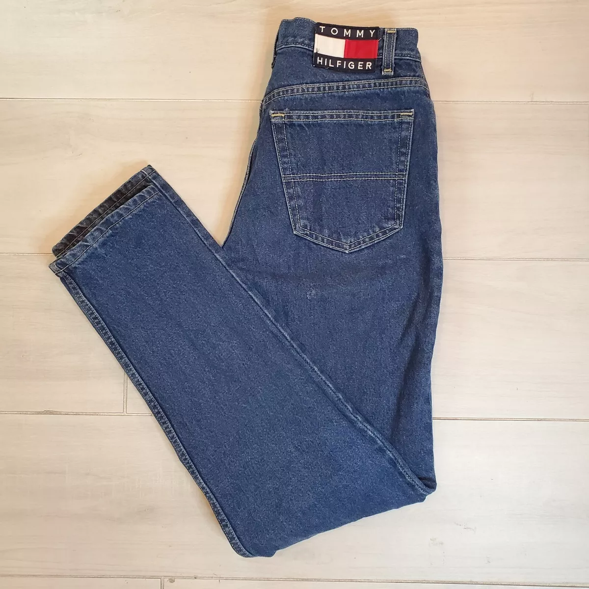 Vintage 90s Tommy Hilfiger Size 11x32 Big Flag High Waist Mom Jeans USA Made