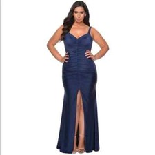 La Femme Curve Navy Blue Ruched Jersey Trumpet Gown Size 16W Orig 350