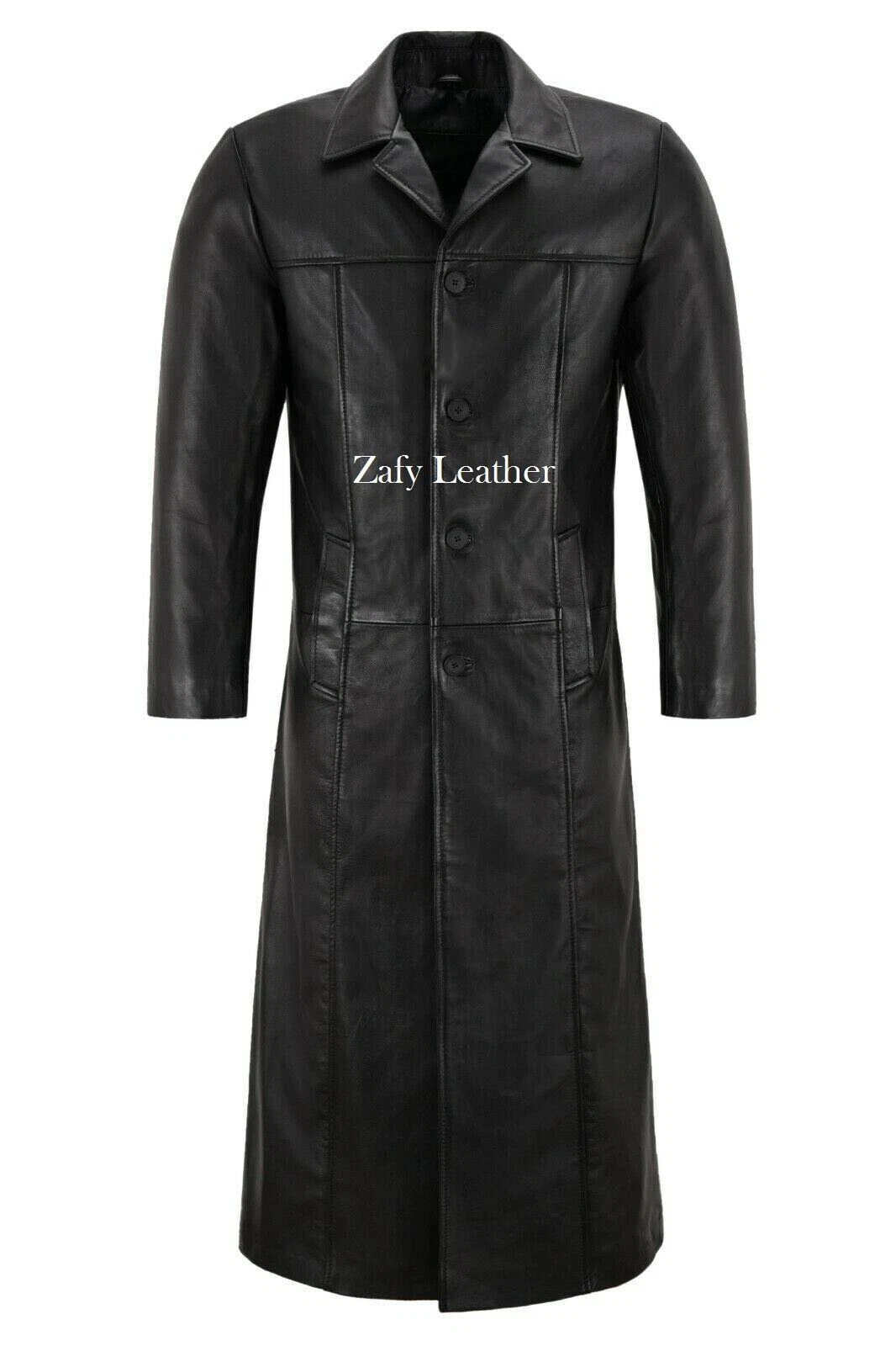Men's Black Leather Long Trench Coat 100% Pure Sheepskin Wind Breaker OverCoat