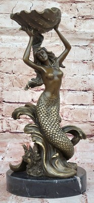 Huge Sale 13-Inch Bronze Mermaid Holding a Shell Candle Holder Office Artwork