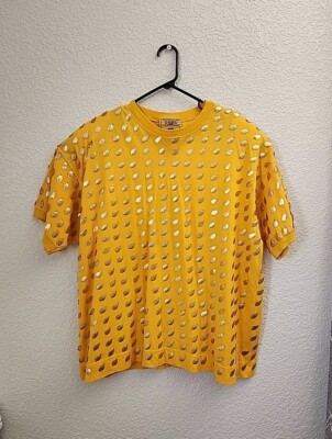 Vintage Gene Ewing Bis Bis Gold Leaf Embellished Cotton Knit Tee Top Size 2 Plus