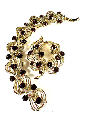 Vintage Brooch Lisner Bracelet Root Beer Brown Rhinestone Tendrils 2 Piece Lot