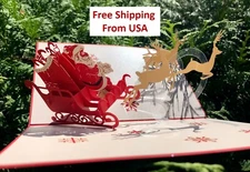 3D Pop Up Greeting Card Merry Christmas Santa Reindeer Sleigh Handmade +Envelope