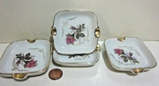 4 Matching Moss Rose Lady's Ashtrays, Gold Rim, Double Cigarette Holders